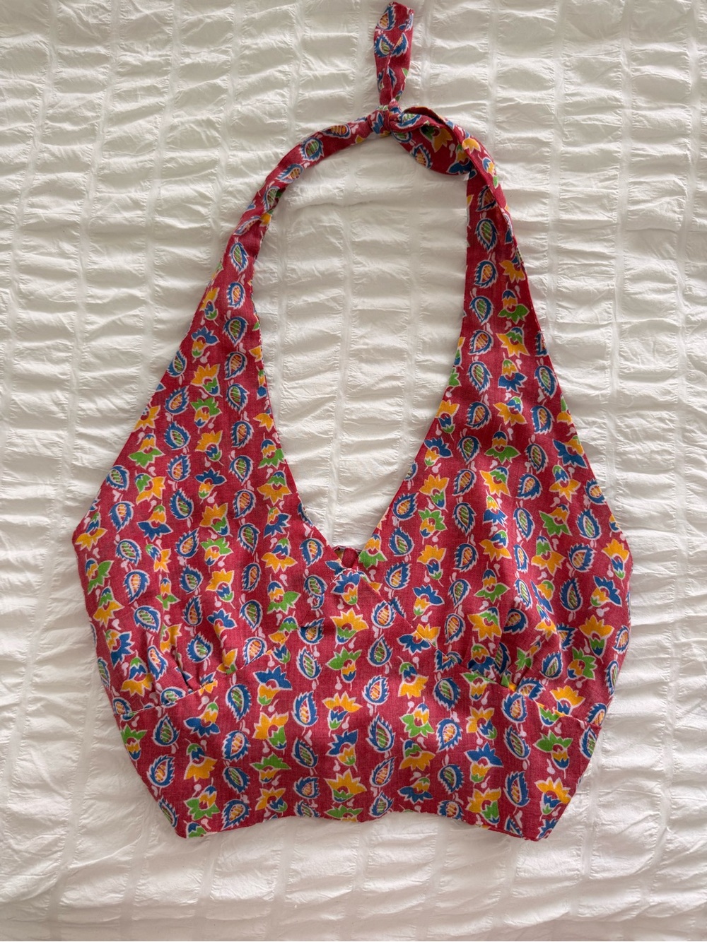 Hand-made 70s-inspired Red Paisley Cropped Halter Open-Back Women’s Top